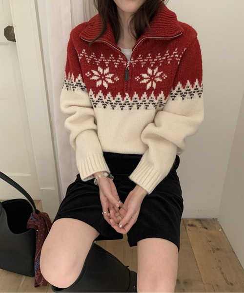 ノルディック柄ハーフZIPハイネックふんわりニット（ニット/セーター