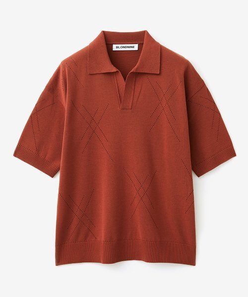 BLOND9(ブロンドナイン)の「コットンハッシュオープンカラ半袖ニット_レッドブリック(ポロシャツ・メンズ・レンガ・X-SMALL/LARGE)」の1枚目の写真