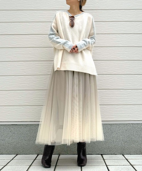 Q（キュー）の「やわもちラインニット（ニット/セーター・レディース・ライトグレー/ライトブルー/アイボリー・MEDIUM）」の13枚目の写真