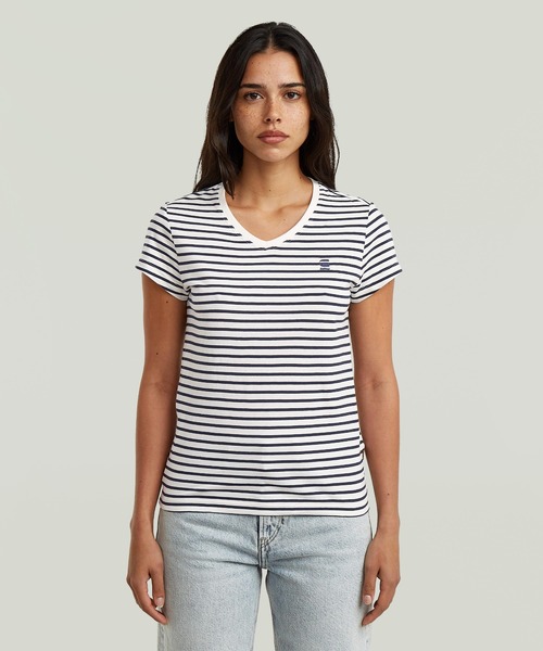 G-STAR(ジースター)の「Stripe Eyben Slim V T-Shirt 2.0/VネックスリムストライプTシャツ(Tシャツ/カットソー・レディース・ストライプ・MEDIUM/SMALL/X-SMALL)」の1枚目の写真