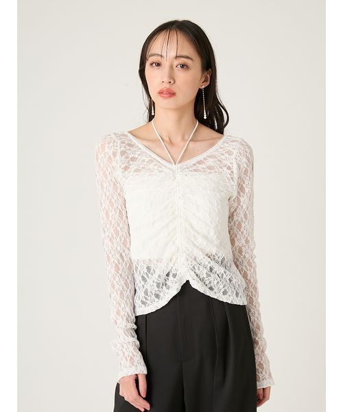 FRAY I.D(フレイアイディー)の「ドロストギャザーレーストップス(Tシャツ/カットソー・レディース・ホワイト/ピンク/ブラック・F)」の4枚目の写真