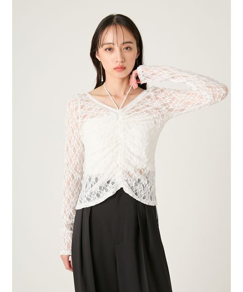 FRAY I.D(フレイアイディー)の「ドロストギャザーレーストップス(Tシャツ/カットソー・レディース・ホワイト/ピンク/ブラック・F)」の1枚目の写真