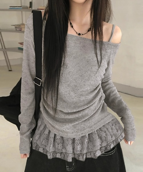 yuue' ( wear )(ユーイ)の「【2点セット】オフショルトップス+レースフリルキャミSET(Tシャツ/カットソー・レディース・グレー/ブラック・FREE)」の1枚目の写真