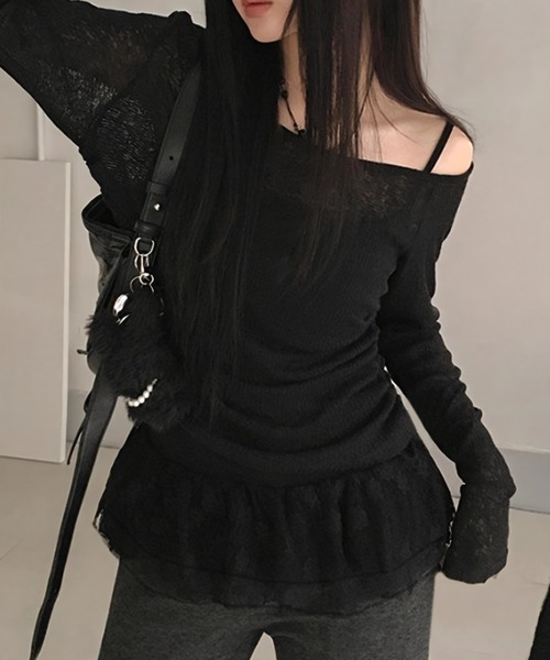 yuue' ( wear )(ユーイ)の「【2点セット】オフショルトップス+レースフリルキャミSET(Tシャツ/カットソー・レディース・グレー/ブラック・FREE)」の2枚目の写真