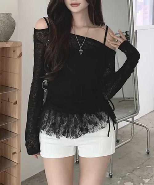yuue' ( wear )(ユーイ)の「【2点セット】オフショルトップス+レースフリルキャミSET(Tシャツ/カットソー・レディース・グレー/ブラック・FREE)」の4枚目の写真