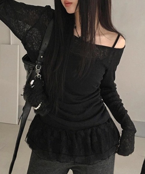 yuue' ( wear )(ユーイ)の「【2点セット】オフショルトップス+レースフリルキャミSET(Tシャツ/カットソー・レディース・グレー/ブラック・FREE)」の6枚目の写真