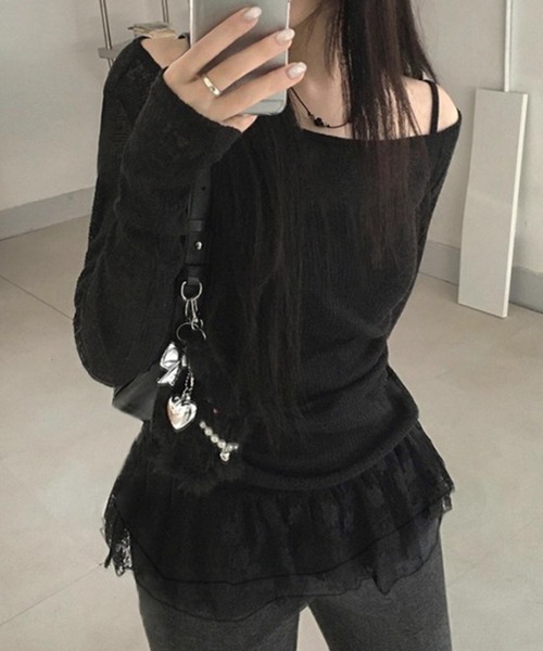 yuue' ( wear )(ユーイ)の「【2点セット】オフショルトップス+レースフリルキャミSET(Tシャツ/カットソー・レディース・グレー/ブラック・FREE)」の8枚目の写真