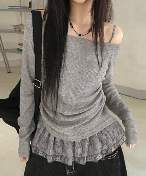 yuue' ( wear )(ユーイ)の「【2点セット】オフショルトップス+レースフリルキャミSET(Tシャツ/カットソー・レディース・グレー/ブラック・FREE)」の18枚目の写真