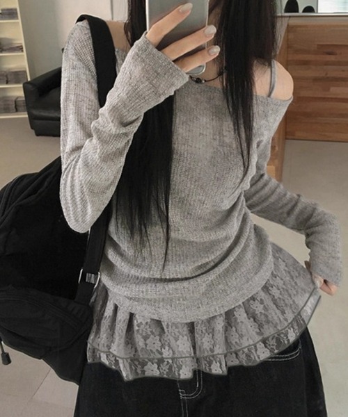 yuue' ( wear )(ユーイ)の「【2点セット】オフショルトップス+レースフリルキャミSET(Tシャツ/カットソー・レディース・グレー/ブラック・FREE)」の19枚目の写真