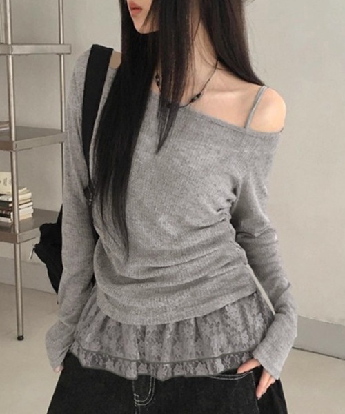yuue' ( wear )(ユーイ)の「【2点セット】オフショルトップス+レースフリルキャミSET(Tシャツ/カットソー・レディース・グレー/ブラック・FREE)」の20枚目の写真