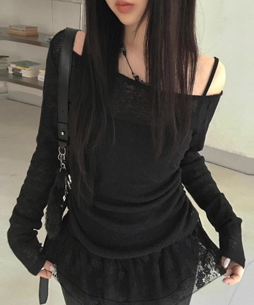 yuue' ( wear )(ユーイ)の「【2点セット】オフショルトップス+レースフリルキャミSET(Tシャツ/カットソー・レディース・グレー/ブラック・FREE)」の7枚目の写真