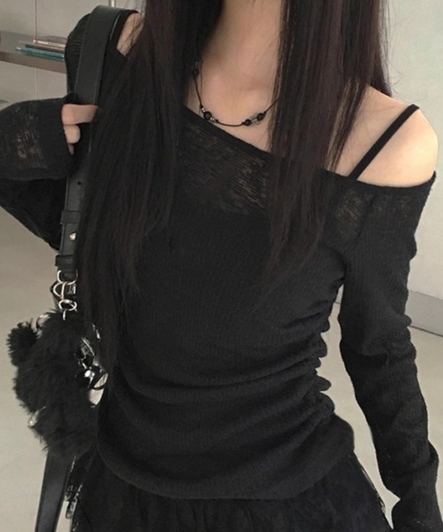 yuue' ( wear )(ユーイ)の「【2点セット】オフショルトップス+レースフリルキャミSET(Tシャツ/カットソー・レディース・グレー/ブラック・FREE)」の9枚目の写真
