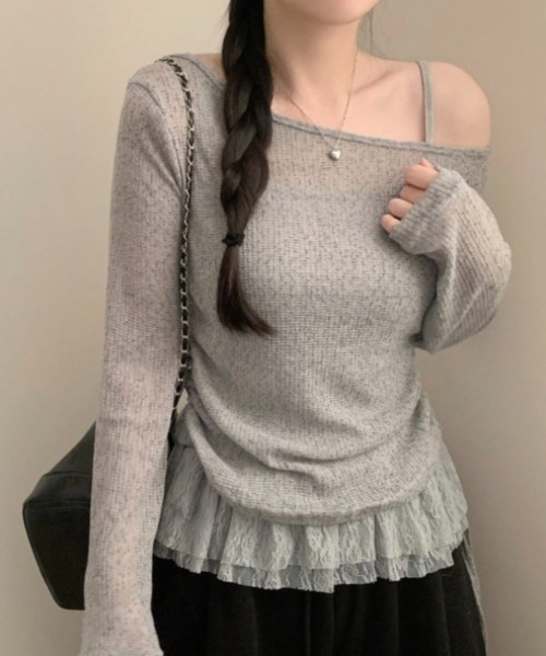 yuue' ( wear )(ユーイ)の「【2点セット】オフショルトップス+レースフリルキャミSET(Tシャツ/カットソー・レディース・グレー/ブラック・FREE)」の21枚目の写真