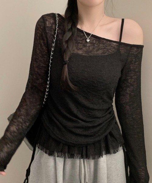 yuue' ( wear )(ユーイ)の「【2点セット】オフショルトップス+レースフリルキャミSET(Tシャツ/カットソー・レディース・グレー/ブラック・FREE)」の10枚目の写真
