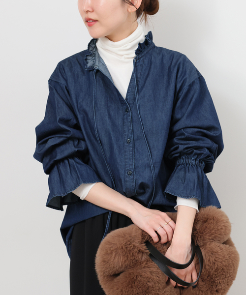 JOURNAL STANDARD relume（ジャーナルスタンダード　レリューム）の「《追加》ライトデニムスタンドカラーブラウス（シャツ/ブラウス・レディース・ブルー/ネイビー・FREE）」の2枚目の写真