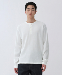 ワッフルヘンリーネック長袖Tシャツ[アイボリー]
