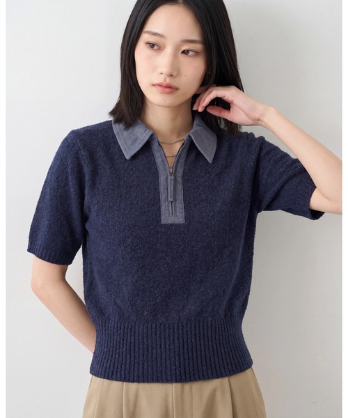 UNDOVE(アンドゥーブ)の「衿元デニム切替ニットポロシャツ 【サマーニット/デニムシャツ/ポロシャツ/ジップアップ/ジップポロシャツ】(ポロシャツ・レディース・ネイビー/ベージュ系・X-LARGE/LARGE/MEDIUM)」の1枚目の写真