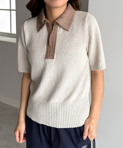 UNDOVE(アンドゥーブ)の「衿元デニム切替ニットポロシャツ 【サマーニット/デニムシャツ/ポロシャツ/ジップアップ/ジップポロシャツ】(ポロシャツ・レディース・ネイビー/ベージュ系・X-LARGE/LARGE/MEDIUM)」の13枚目の写真