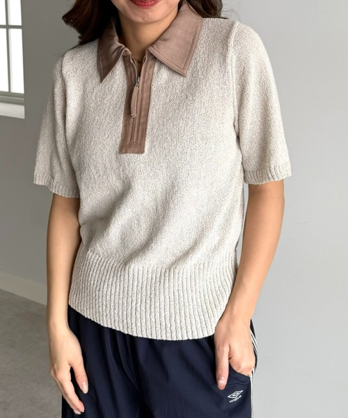 UNDOVE(アンドゥーブ)の「衿元デニム切替ニットポロシャツ 【サマーニット/デニムシャツ/ポロシャツ/ジップアップ/ジップポロシャツ】(ポロシャツ・レディース・ネイビー/ベージュ系・X-LARGE/LARGE/MEDIUM)」の4枚目の写真