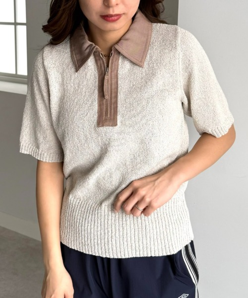 UNDOVE(アンドゥーブ)の「衿元デニム切替ニットポロシャツ 【サマーニット/デニムシャツ/ポロシャツ/ジップアップ/ジップポロシャツ】(ポロシャツ・レディース・ネイビー/ベージュ系・X-LARGE/LARGE/MEDIUM)」の8枚目の写真