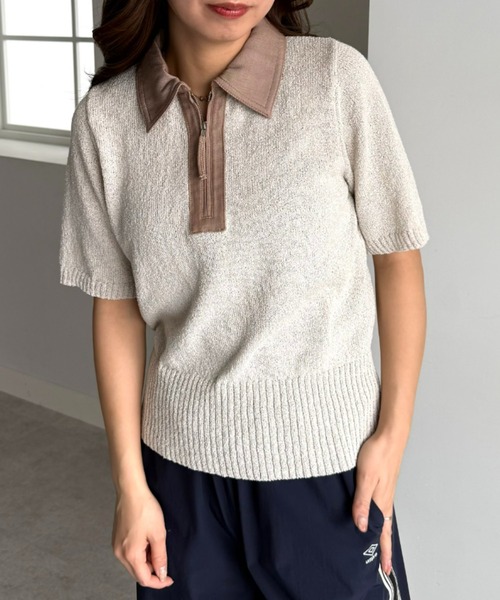 UNDOVE(アンドゥーブ)の「衿元デニム切替ニットポロシャツ 【サマーニット/デニムシャツ/ポロシャツ/ジップアップ/ジップポロシャツ】(ポロシャツ・レディース・ネイビー/ベージュ系・X-LARGE/LARGE/MEDIUM)」の9枚目の写真