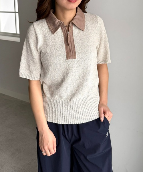 UNDOVE(アンドゥーブ)の「衿元デニム切替ニットポロシャツ 【サマーニット/デニムシャツ/ポロシャツ/ジップアップ/ジップポロシャツ】(ポロシャツ・レディース・ネイビー/ベージュ系・X-LARGE/LARGE/MEDIUM)」の3枚目の写真