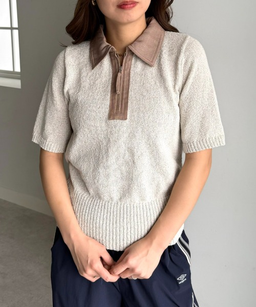 UNDOVE(アンドゥーブ)の「衿元デニム切替ニットポロシャツ 【サマーニット/デニムシャツ/ポロシャツ/ジップアップ/ジップポロシャツ】(ポロシャツ・レディース・ネイビー/ベージュ系・X-LARGE/LARGE/MEDIUM)」の10枚目の写真