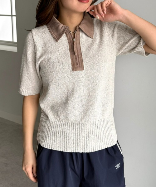 UNDOVE(アンドゥーブ)の「衿元デニム切替ニットポロシャツ 【サマーニット/デニムシャツ/ポロシャツ/ジップアップ/ジップポロシャツ】(ポロシャツ・レディース・ネイビー/ベージュ系・X-LARGE/LARGE/MEDIUM)」の11枚目の写真