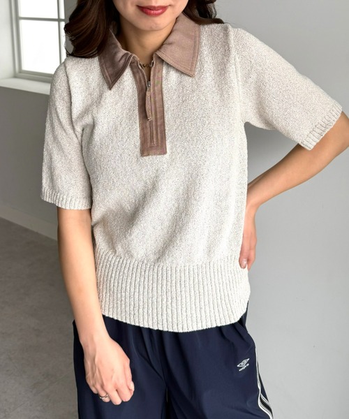 UNDOVE(アンドゥーブ)の「衿元デニム切替ニットポロシャツ 【サマーニット/デニムシャツ/ポロシャツ/ジップアップ/ジップポロシャツ】(ポロシャツ・レディース・ネイビー/ベージュ系・X-LARGE/LARGE/MEDIUM)」の12枚目の写真