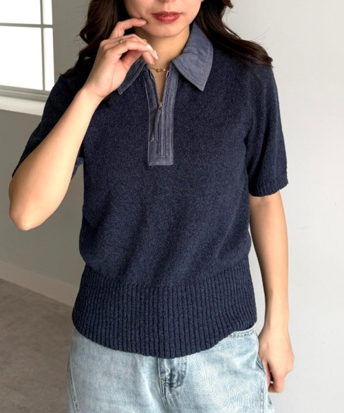 UNDOVE(アンドゥーブ)の「衿元デニム切替ニットポロシャツ 【サマーニット/デニムシャツ/ポロシャツ/ジップアップ/ジップポロシャツ】(ポロシャツ・レディース・ネイビー/ベージュ系・X-LARGE/LARGE/MEDIUM)」の6枚目の写真