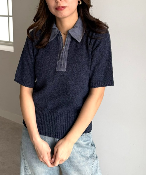 UNDOVE(アンドゥーブ)の「衿元デニム切替ニットポロシャツ 【サマーニット/デニムシャツ/ポロシャツ/ジップアップ/ジップポロシャツ】(ポロシャツ・レディース・ネイビー/ベージュ系・X-LARGE/LARGE/MEDIUM)」の7枚目の写真