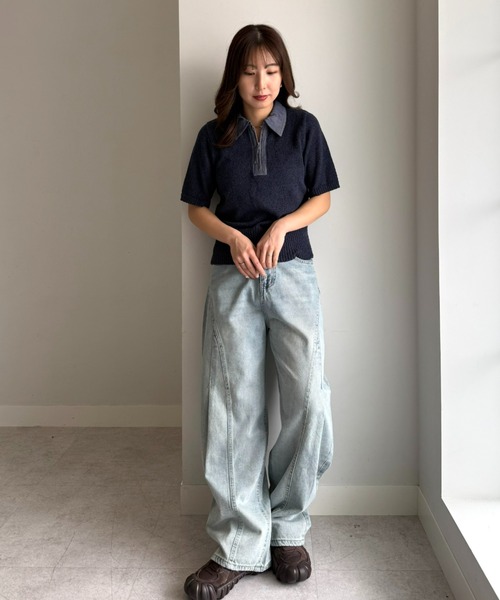UNDOVE(アンドゥーブ)の「衿元デニム切替ニットポロシャツ 【サマーニット/デニムシャツ/ポロシャツ/ジップアップ/ジップポロシャツ】(ポロシャツ・レディース・ネイビー/ベージュ系・X-LARGE/LARGE/MEDIUM)」の14枚目の写真