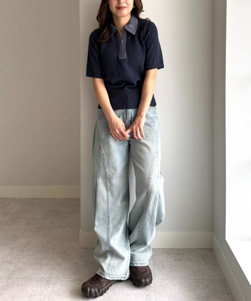 UNDOVE(アンドゥーブ)の「衿元デニム切替ニットポロシャツ 【サマーニット/デニムシャツ/ポロシャツ/ジップアップ/ジップポロシャツ】(ポロシャツ・レディース・ネイビー/ベージュ系・X-LARGE/LARGE/MEDIUM)」の15枚目の写真