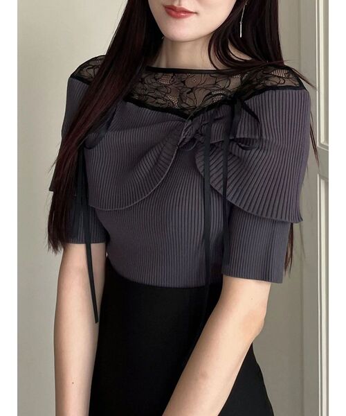 MERCURYDUO（マーキュリーデュオ）の「レース切替オフショルニットトップス（ニット/セーター・レディース・アイボリー/ブラック/チャコールグレー・FREE）」の3枚目の写真