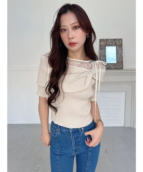 MERCURYDUO（マーキュリーデュオ）の「レース切替オフショルニットトップス（ニット/セーター・レディース・アイボリー/ブラック/チャコールグレー・FREE）」の7枚目の写真