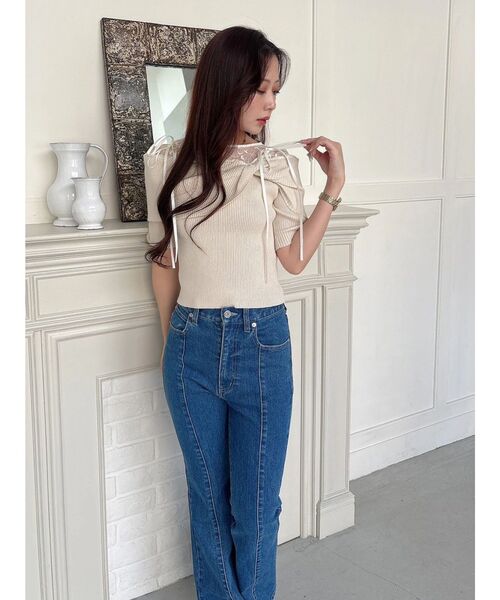 MERCURYDUO（マーキュリーデュオ）の「レース切替オフショルニットトップス（ニット/セーター・レディース・アイボリー/ブラック/チャコールグレー・FREE）」の10枚目の写真