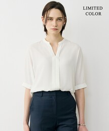 BackSatinAmunzen 5分袖キーネックブラウス