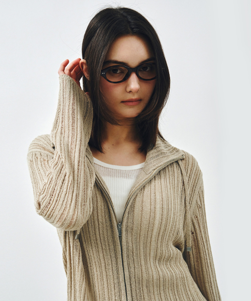 MONGDOL(モンドル)の「シアーテクスチャーニットジップアップカーディガンベージュ MDCD055BEIGE(カーディガン/ボレロ・レディース・その他・F)」の5枚目の写真