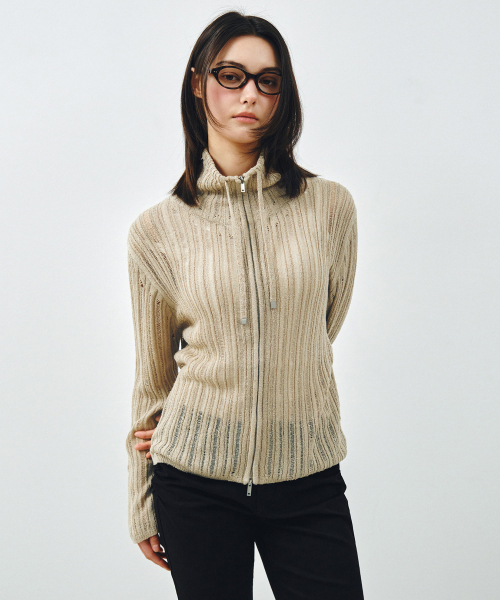 MONGDOL(モンドル)の「シアーテクスチャーニットジップアップカーディガンベージュ MDCD055BEIGE(カーディガン/ボレロ・レディース・その他・F)」の3枚目の写真