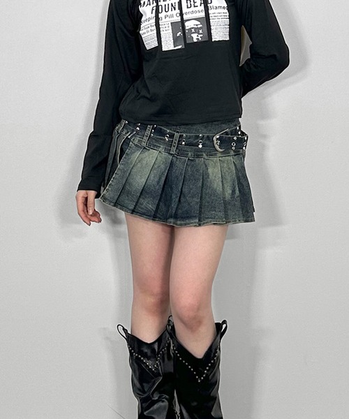 MATU:TA(マトゥータ)の「【インパン裏地付き】ベルト付きデニムプリーツスカート / ミニスカート スコート キュロット ベルトセット ウォッシュド加工 ハイウエスト ストレッチ素材 海外ガール スタイルアップ 韓国ファッション ストリート 2サイズ S M 3カラー ブラック ブルー ダークブルー(デニムスカート・レディース・ブルー/ブラック/ダークブルー・MEDIUM/SMALL)」の8枚目の写真