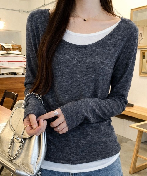 SallyLunn（サリーラン）の「レイヤード風 Uネックとろみカットソー（Tシャツ/カットソー・レディース・イエロー/ピンク/ライトグレー/グレー/ブラック・LARGE/MEDIUM）」の3枚目の写真