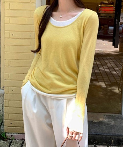 SallyLunn（サリーラン）の「レイヤード風 Uネックとろみカットソー（Tシャツ/カットソー・レディース・イエロー/ピンク/ライトグレー/グレー/ブラック・LARGE/MEDIUM）」の4枚目の写真