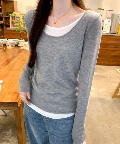 SallyLunn（サリーラン）の「レイヤード風 Uネックとろみカットソー（Tシャツ/カットソー・レディース・イエロー/ピンク/ライトグレー/グレー/ブラック・LARGE/MEDIUM）」の2枚目の写真
