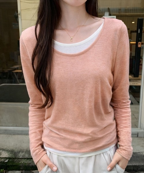 SallyLunn（サリーラン）の「レイヤード風 Uネックとろみカットソー（Tシャツ/カットソー・レディース・イエロー/ピンク/ライトグレー/グレー/ブラック・LARGE/MEDIUM）」の20枚目の写真