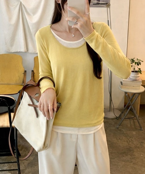 SallyLunn（サリーラン）の「レイヤード風 Uネックとろみカットソー（Tシャツ/カットソー・レディース・イエロー/ピンク/ライトグレー/グレー/ブラック・LARGE/MEDIUM）」の16枚目の写真