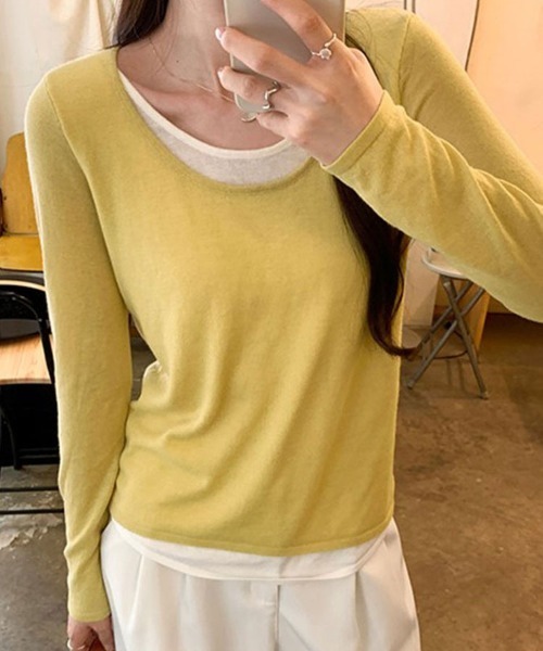 SallyLunn（サリーラン）の「レイヤード風 Uネックとろみカットソー（Tシャツ/カットソー・レディース・イエロー/ピンク/ライトグレー/グレー/ブラック・LARGE/MEDIUM）」の17枚目の写真