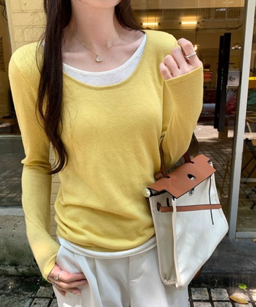 SallyLunn（サリーラン）の「レイヤード風 Uネックとろみカットソー（Tシャツ/カットソー・レディース・イエロー/ピンク/ライトグレー/グレー/ブラック・LARGE/MEDIUM）」の18枚目の写真