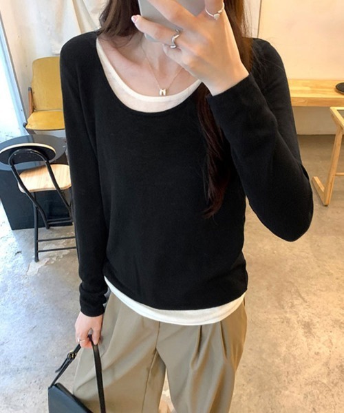 SallyLunn（サリーラン）の「レイヤード風 Uネックとろみカットソー（Tシャツ/カットソー・レディース・イエロー/ピンク/ライトグレー/グレー/ブラック・LARGE/MEDIUM）」の7枚目の写真