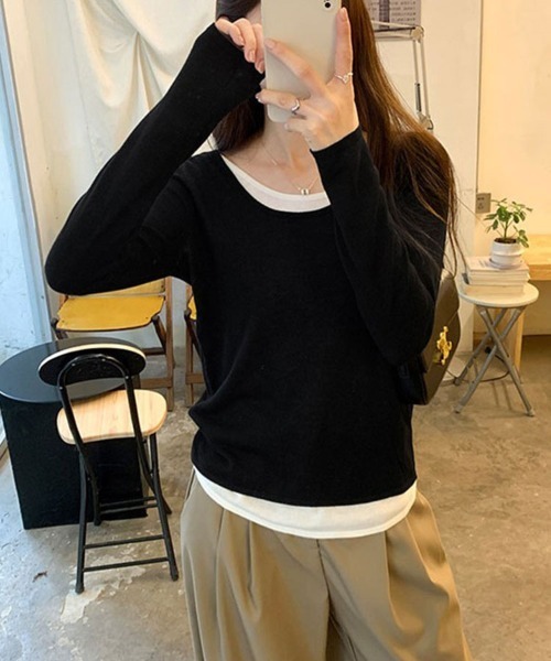 SallyLunn（サリーラン）の「レイヤード風 Uネックとろみカットソー（Tシャツ/カットソー・レディース・イエロー/ピンク/ライトグレー/グレー/ブラック・LARGE/MEDIUM）」の6枚目の写真