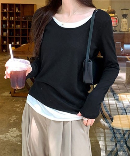 SallyLunn（サリーラン）の「レイヤード風 Uネックとろみカットソー（Tシャツ/カットソー・レディース・イエロー/ピンク/ライトグレー/グレー/ブラック・LARGE/MEDIUM）」の8枚目の写真